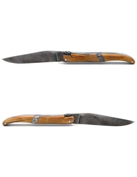 Laguiole folding knife 12 cm, central bolster in meteorite, Damascus mosaic blade with a mammoth ivory handle