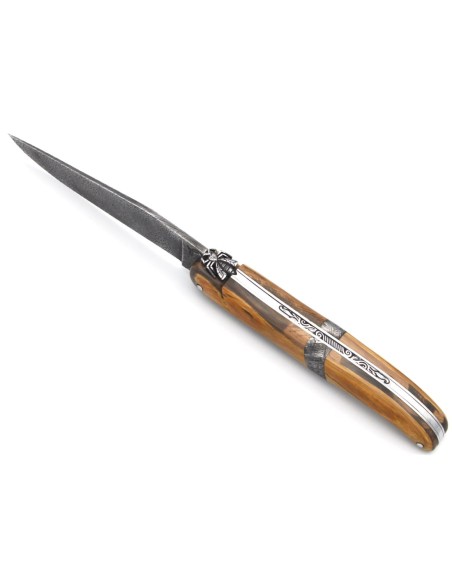 Laguiole folding knife 12 cm, central bolster in meteorite, Damascus mosaic blade with a mammoth ivory handle