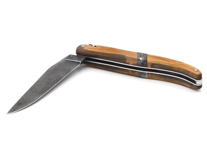Laguiole Klappmesser 12 cm, zentraler Heftbacke aus Meteorit, Damast Mosaikklinge mit einem Griff aus Mammutelfenbein