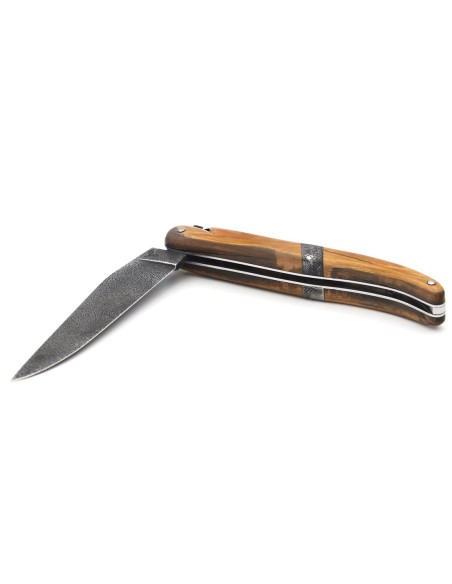 Laguiole Klappmesser 12 cm, zentraler Heftbacke aus Meteorit, Damast Mosaikklinge mit einem Griff aus Mammutelfenbein