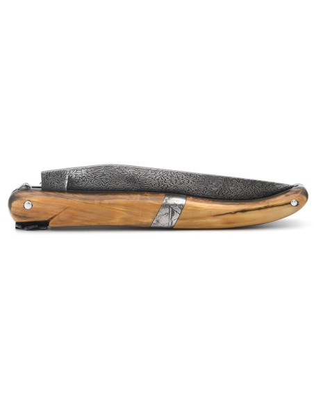 Laguiole folding knife 12 cm, central bolster in meteorite, Damascus mosaic blade with a mammoth ivory handle