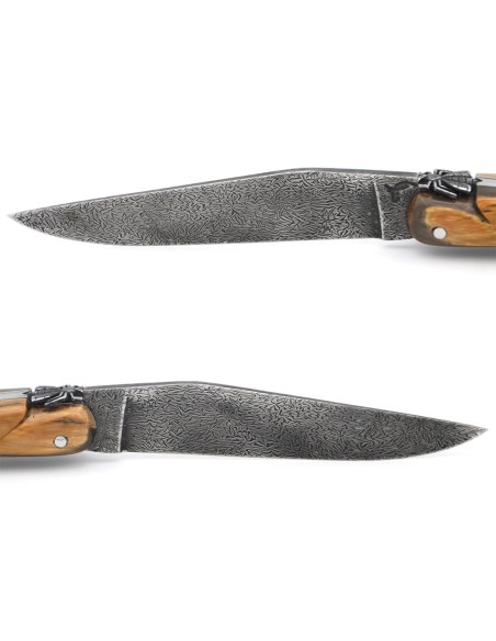 Laguiole Klappmesser 12 cm, zentraler Heftbacke aus Meteorit, Damast Mosaikklinge mit einem Griff aus Mammutelfenbein