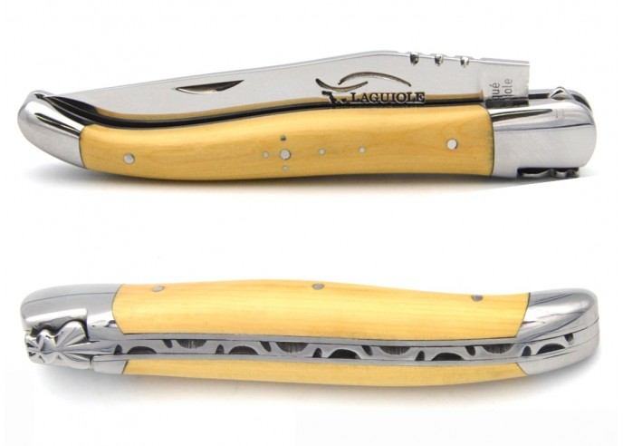 Laguiole pocket knife, 12 cm, forged bee, boxwood handle with shiny bolsters