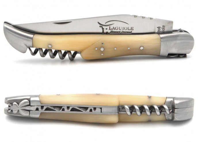 Laguiole pocket knife, 12 cm, forged bee, blade and corkscrew, horn tip handle with matt bolsters