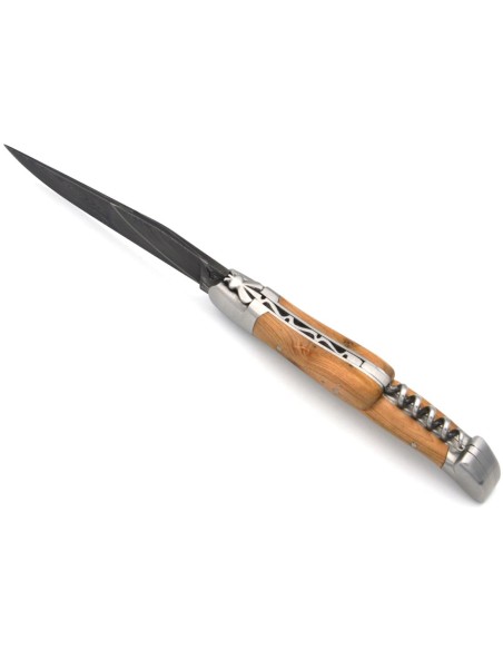 Laguiole 12cm, Damast Klinge und Korkenzieher, Heftbacken aus mattem Edelstahl, Wacholderholz