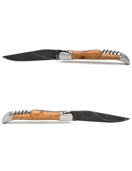 Laguiole 12cm, Damast Klinge und Korkenzieher, Heftbacken aus mattem Edelstahl, Wacholderholz