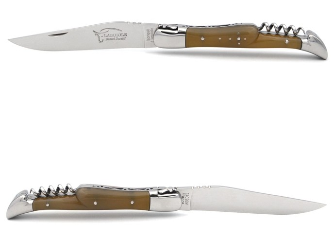 Laguiole pocket knife, 12 cm, blade and corkscrew,  horn tip handle with polished bolsters
