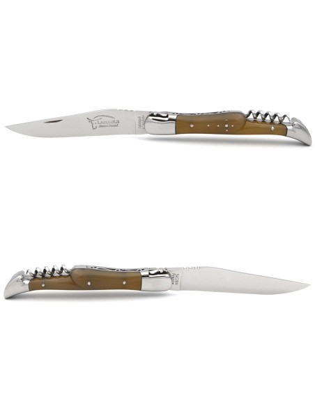 Laguiole pocket knife, 12 cm, blade and corkscrew,  horn tip handle with polished bolsters