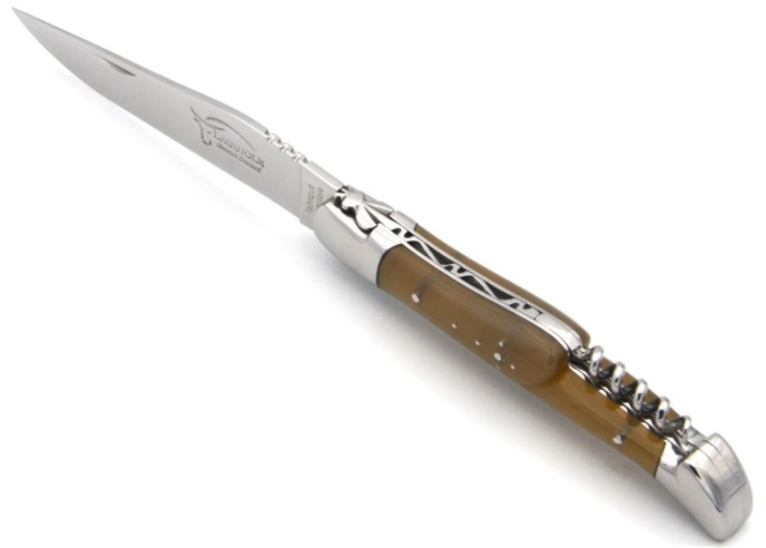 Laguiole Klappmesser, 12cm, Klinge und Korkenzieher, Heftbacken aus glänzendem Edelstahl, Griff aus Hornspitze