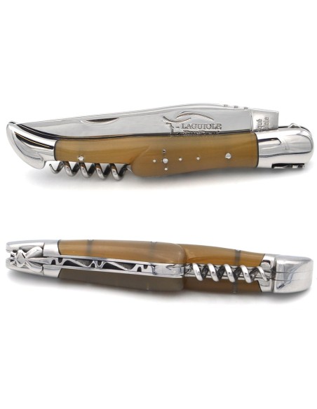Laguiole pliant, 12cm, lame et tire-bouchon, pointe de corne claire