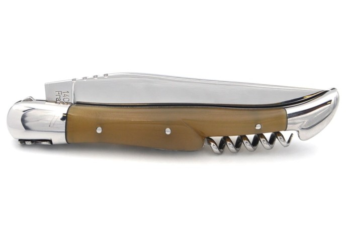 Laguiole pocket knife, 12 cm, blade and corkscrew,  horn tip handle with polished bolsters