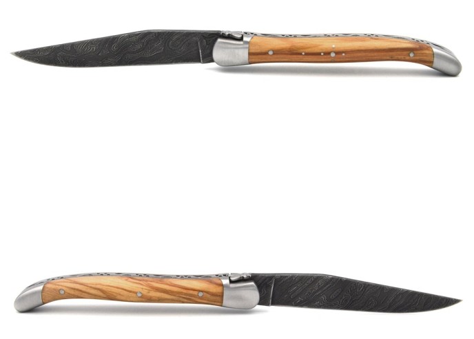 Laguiole 11cm, Damast Klinge, Heftbacken aus mattem Edelstahl, Olivenholz
