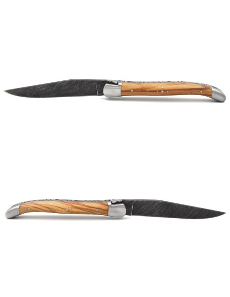 Laguiole pocket knife, 11 cm, Damascus steel blade, olive wood handle with matt bolsters