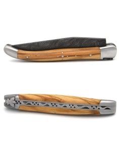 Laguiole pliant 11 cm avec lame Damas, manche olivier et mitres inox