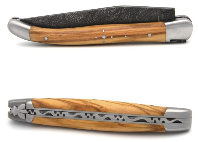 Laguiole 11cm, Damast Klinge, Heftbacken aus mattem Edelstahl, Olivenholz