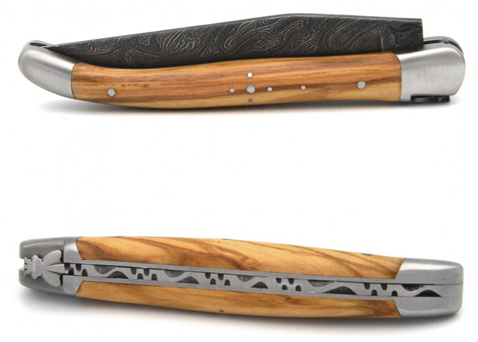 Laguiole pocket knife 11 cm, Damascus steel blade, olive wood handle with matt bolsters