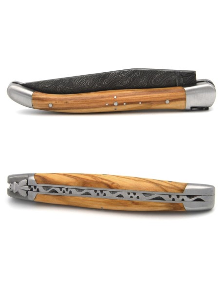 Laguiole pliant 11 cm avec lame Damas, manche olivier et mitres inox