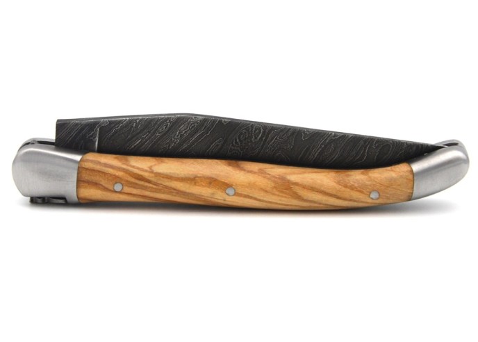 Laguiole 11cm, Damast Klinge, Heftbacken aus mattem Edelstahl, Olivenholz