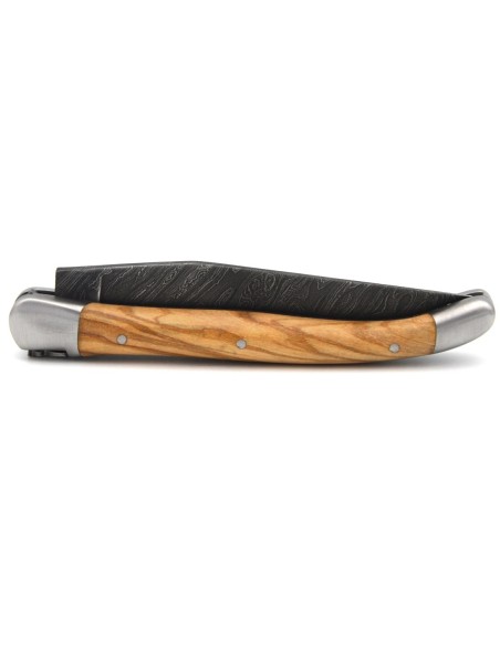 Laguiole pocket knife, 11 cm, Damascus steel blade, olive wood handle with matt bolsters