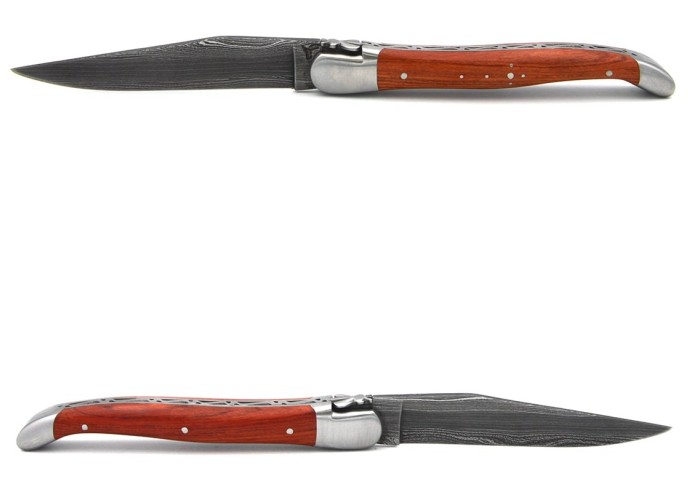Laguiole pocket knife, 12 cm, forged bee, Damascus steel blade, rosewood handle with matt bolsters