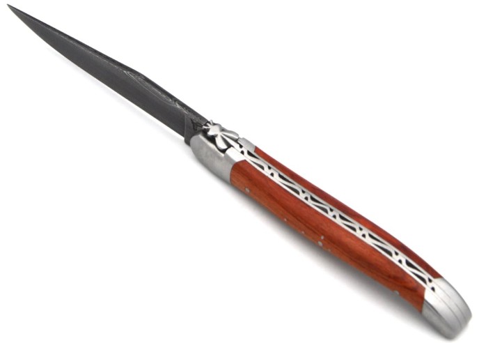 Laguiole pocket knife, 12 cm, forged bee, Damascus steel blade, rosewood handle with matt bolsters