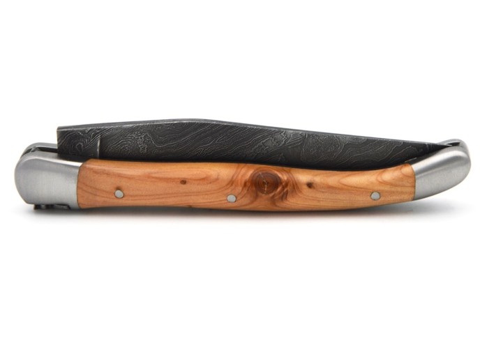 Laguiole pocket knife, 11 cm, forged bee, Damascus steel blade, juniper handle with matt bolsters