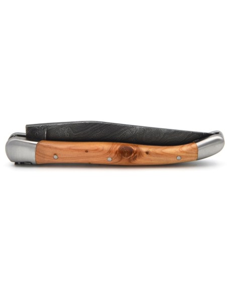 Laguiole 11cm, Damast Klinge, Heftbacken aus mattem Edelstahl, Wacholderholz