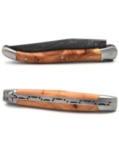 Laguiole 11cm, Damast Klinge, Heftbacken aus mattem Edelstahl, Wacholderholz