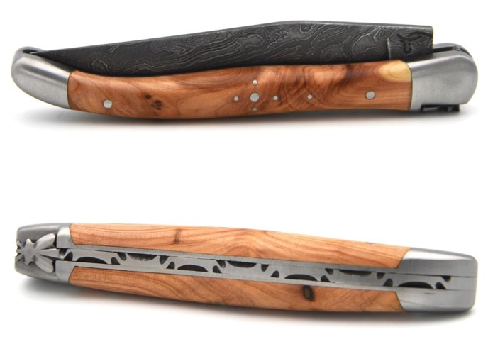 Laguiole 11cm, Damast Klinge, Heftbacken aus mattem Edelstahl, Wacholderholz