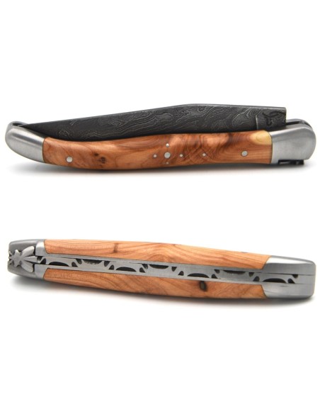Laguiole pocket knife, 11 cm, forged bee, Damascus steel blade, juniper handle with matt bolsters