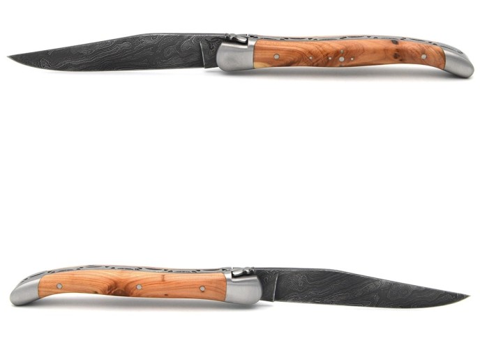 Laguiole 11cm, Damast Klinge, Heftbacken aus mattem Edelstahl, Wacholderholz