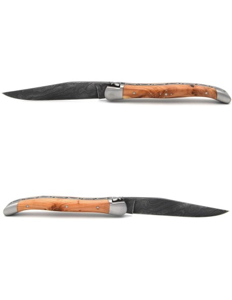 Laguiole 11cm, Damast Klinge, Heftbacken aus mattem Edelstahl, Wacholderholz