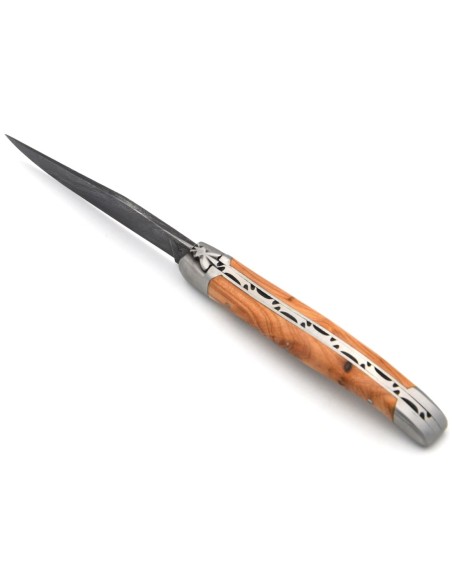 Laguiole pocket knife, 11 cm, forged bee, Damascus steel blade, juniper handle with matt bolsters