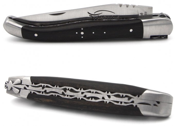 Laguiole pocket knife, 12 cm, chiseled double plates, ebony wood handle with matt bolsters