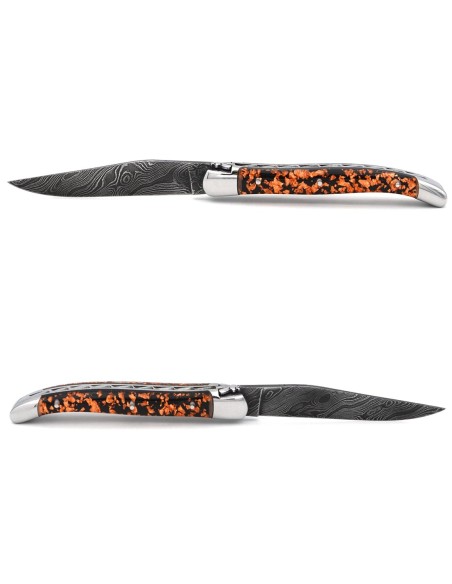 Laguiole pocket knife 11 cm, Damascus steel blade, copper foil inclusion handle with shiny bolsters