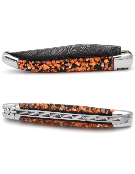 Laguiole pocket knife 11 cm, Damascus steel blade, copper foil inclusion handle with shiny bolsters