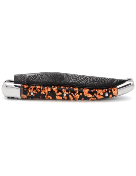 Laguiole pocket knife 11 cm, Damascus steel blade, copper foil inclusion handle with shiny bolsters
