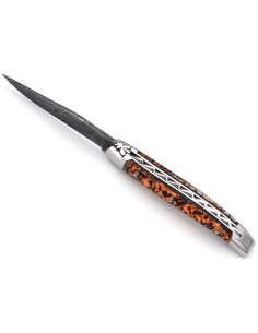 Laguiole 11cm, Damas Klinge, Griff aus Kupferfolie in Einschlüssen, Heftbacken aus glänzendem Edelstahl 2