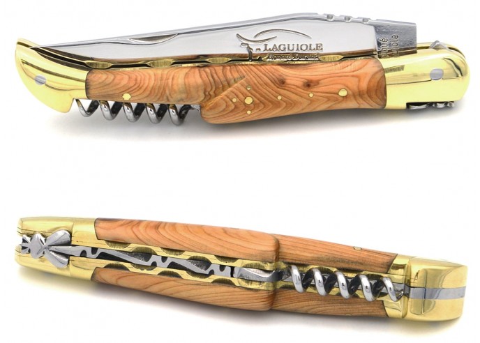 Laguiole pocket knife, 12 cm, blade and corkscrew, chiseled double plates, juniper handle with brass bolsters