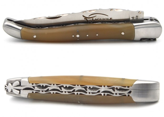 Laguiole pocket knife, 12 cm, double plates and top of the blade, horn tip handle with matt bolsters
