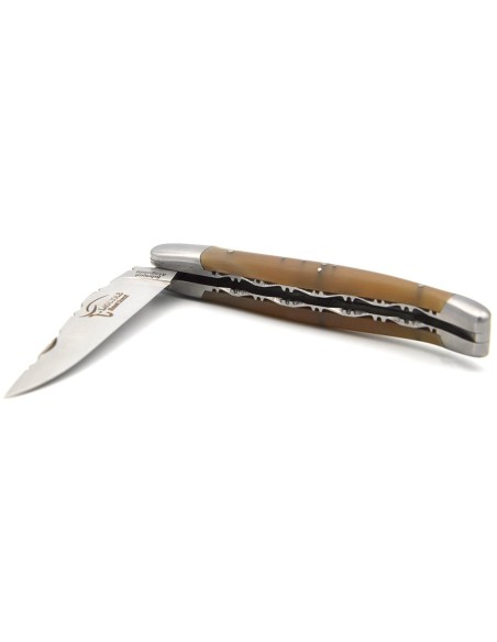 Laguiole pocket knife, 12 cm, double plates, chiseled on top and under, horn tip handle with matt bolsters