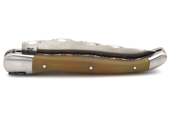 Laguiole pocket knife, 12 cm, double plates, chiseled on top and under, horn tip handle with matt bolsters