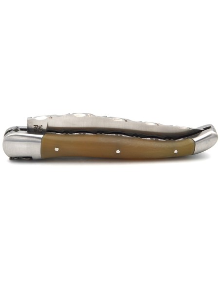 Laguiole pocket knife, 12 cm, double plates, chiseled on top and under, horn tip handle with matt bolsters