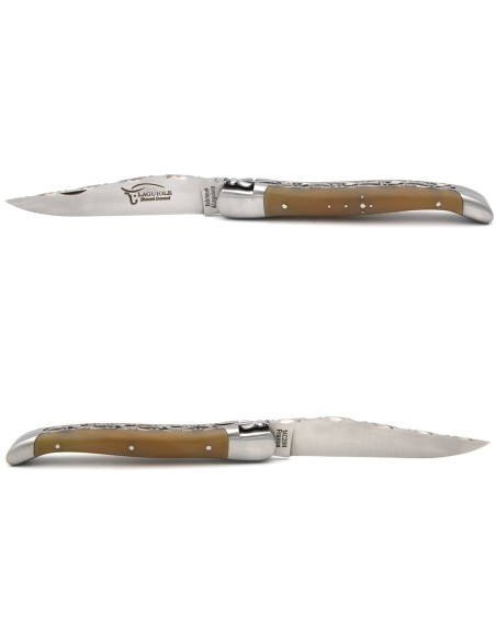 Laguiole 12cm, Doppelplatinen oben und unten am Schleifstein ziseliert, Heftbacken aus mattem Edelstahl,  Hornspitze