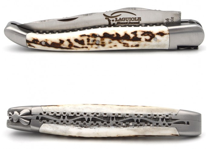 Laguiole pocket knife, 12 cm, double plates and top of the blade, deer antler handle with matt bolsters