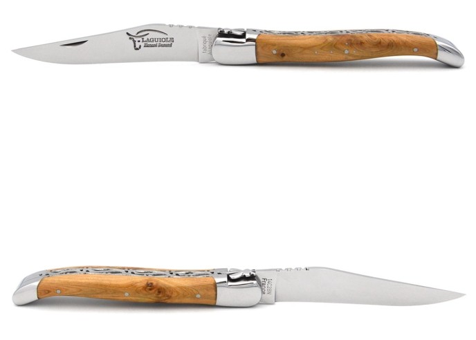 Laguiole 12cm, Doppelplatinen ziseliert, Heftbacken aus glänzendem Edelstahl, Wacholderholz