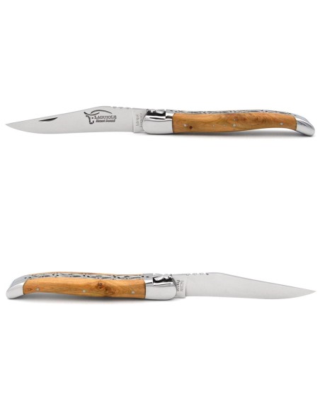 Laguiole pocket knife, 12 cm, chiseled doubles plates, juniper handle with shiny bolsters