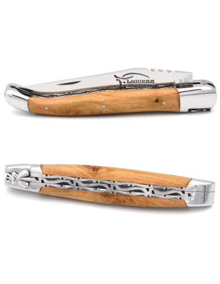 Laguiole pliant abeille forgée 12cm, manche genévrier cade, doubles platines