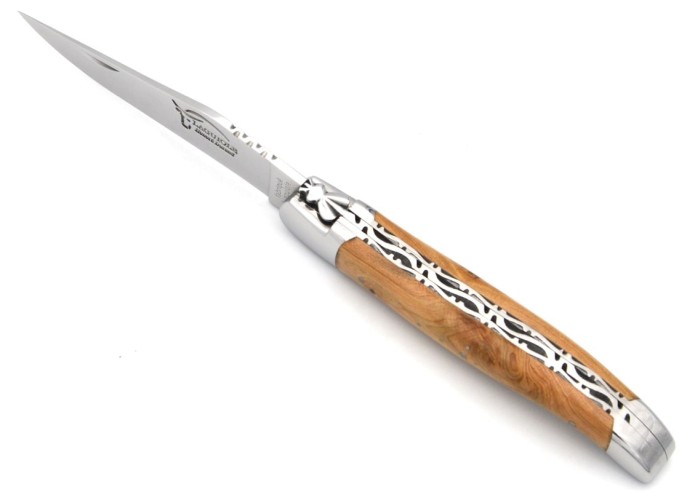 Laguiole pliant abeille forgée 12cm, manche genévrier cade, doubles platines