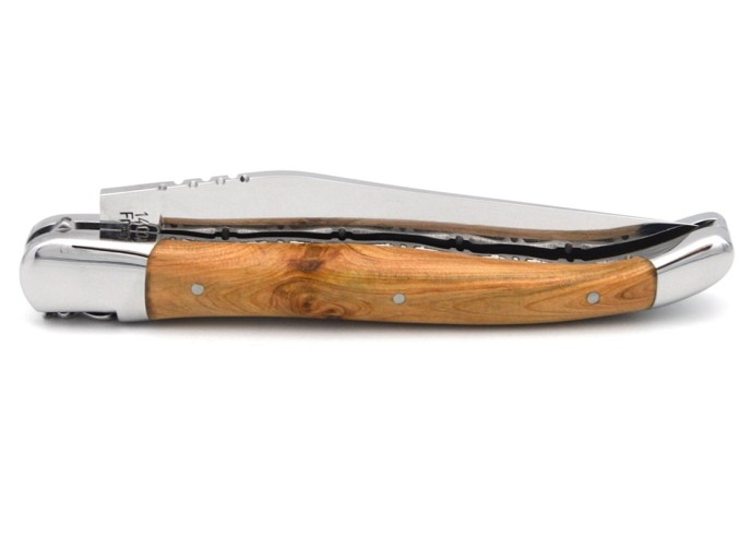 Laguiole pliant abeille forgée 12cm, manche genévrier cade, doubles platines